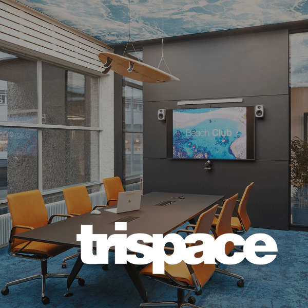 Innovative meeting room with trispace logo